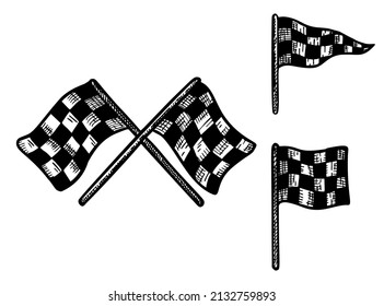 Set race flags elements sketch isolated. Vintage element for driving track in hand drawn style. Engraved designed for poster, print, book illustration, logo, tattoo. Vintage vector illustration.
