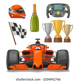 Set race icons. Helmet, car, helm, bottle champagne, winner cup, checkered flag. Vector flat illustration isolated white background.