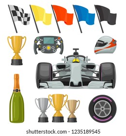 Set race icons. Helmet, car, helm, bottle champagne, wheel, winner cup, checkered and other flags. Vector flat illustration isolated white background