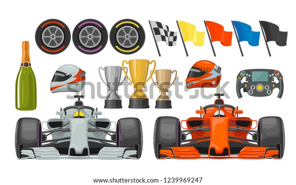 Set race icons. Helmet, car, helm, bottle\
champagne, wheel, winner cup, checkered and other flags. Vector\
flat illustration isolated white\
background
