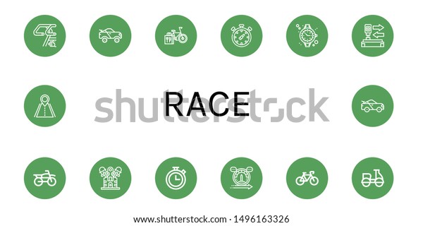Set of race icons such as Bike, Racing car, Bicycle,\
Chronometer, Watch, Auto, Motocross, Engine, Speed, Motorcycle,\
Road , race