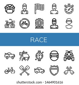 Set of race icons such as Hockey helmet, Bicycle, Swimmer, Bikes, Race flag, Stopwatch, Chronometer, Racing car, Motorbike, Oars, Watch, Highway, All terrain, Paddles , race