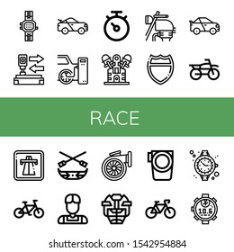 Set of race icons. Such as Watch, Auto, Racing car, Tires, Stopwatch, Engine, Motorbike, Highway, Motocross, Bicycle, Canoe, Athlete, Turbo, Hockey helmet, Paddle , race icons