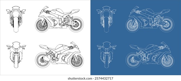 set race motorcycle sportbike moto . set gp technical drawing of blueprints isolated on transparent background