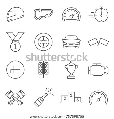 Set of race Related Vector Line Icons. Includes such Icons as racing, motorcycle, speed, driver, sports car, track and etc.