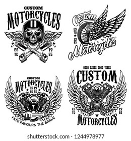 Set of racer emblem templates with motorcycle motor, wheels. wings. Design element for logo, label, emblem, sign, poster, t shirt. Vector illustration