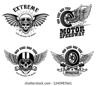 Set of racer emblem templates with motorcycle motor, wheels. wings. Design element for logo, label, emblem, sign, poster, t shirt. Vector illustration