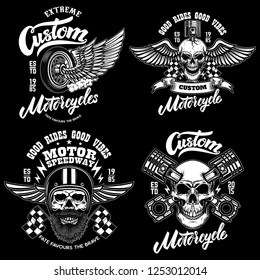 Set of racer emblem templates with motorcycle motor, wheels. wings. Design element for logo, label, emblem, sign, poster, t shirt. Vector illustration