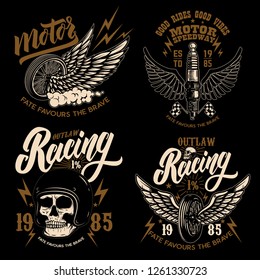 Set of racer emblem templates with motorcycle motor, wheels. wings. Design element for logo, label, emblem, sign, poster, t shirt. Vector illustration