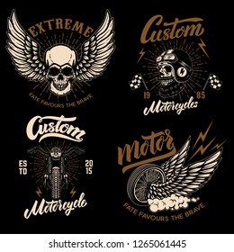 Set of racer emblem templates with motorcycle motor, wheels. wings. Design element for logo, label, emblem, sign, poster, t shirt. Vector illustration