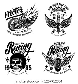 Set of racer emblem templates with motorcycle motor, wheels. wings. Design element for logo, label, emblem, sign, poster, t shirt. Vector illustration