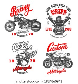 Set of the racer emblems. Winged motorcycle helmet, motorcycle, biker skeleton. Design element for logo, label, sign, emblem, poster, t shirt. Vector illustration