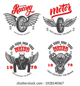 Set of the racer emblems. Winged motorcycle wheel, engine, biker skeleton. Design element for logo, label, sign, emblem, poster, t shirt. Vector illustration