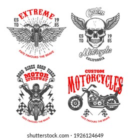 Set of the racer emblems. Winged racer skull, motorcycle, biker skeleton. Design element for logo, label, sign, emblem, poster, t shirt. Vector illustration
