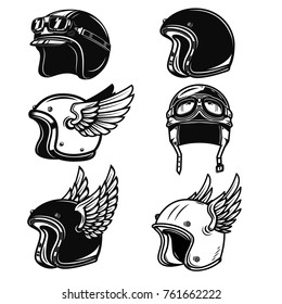 Set of the racer helmets. Design elements for logo, label, emblem, sign, badge. Vector illustration