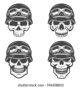 Set of racer skulls isolated on white background. Design elements for logo, label, emblem, poster, t-shirt. Vector illustration.