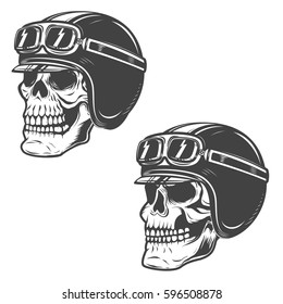 Set of racer skulls isolated on white background. Design elements for logo, label, emblem, poster, t-shirt. Vector illustration.