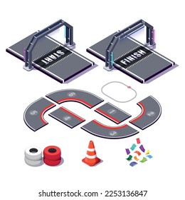 set of racing arches with start and finish and the track, vector isometric illustration