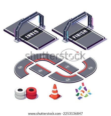 set of racing arches with start and finish and the track, vector isometric illustration