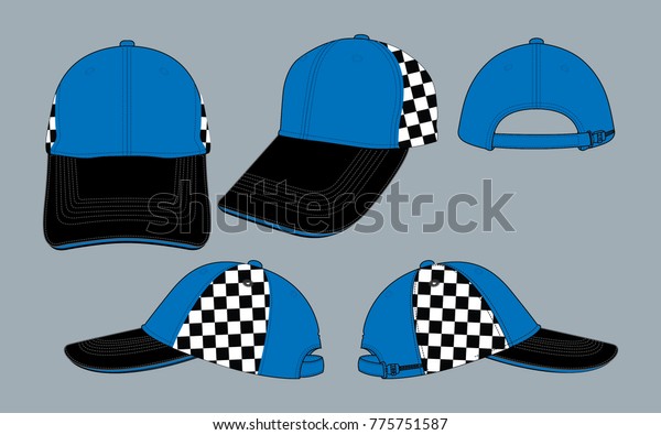 Set racing baseball cap design\
blue/black checkered line printed on left/right panels\
vector