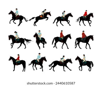 Set of racing black horse in gallop vector illustration isolated on background. Jockey riding jot horse in race. Hippodrome sport event. Entertainment gambling. Equestrian rider jumping over barrier.