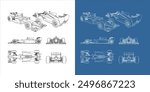 set of racing car line art draw blueprint wireframe from all side view. isolated on transparent background
