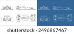 set of racing car line art outline draw blueprint  from all side view. isolated on transparent background

