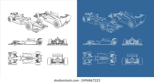 set of racing car line art draw blueprint wireframe from all side view. isolated on transparent background
