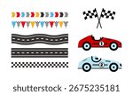 Set of racing car theme template design element. Retro race cars, checkered finish flags, holiday garland and road. Vector template for greeting card, invitation, poster, social media.