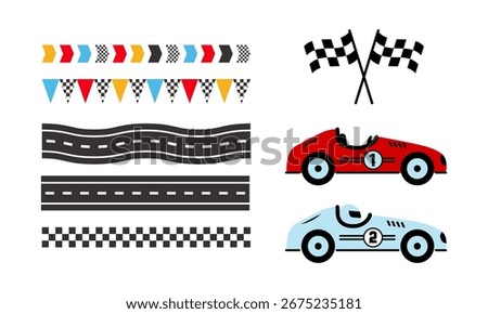 Set of racing car theme template design element. Retro race cars, checkered finish flags, holiday garland and road. Vector template for greeting card, invitation, poster, social media.