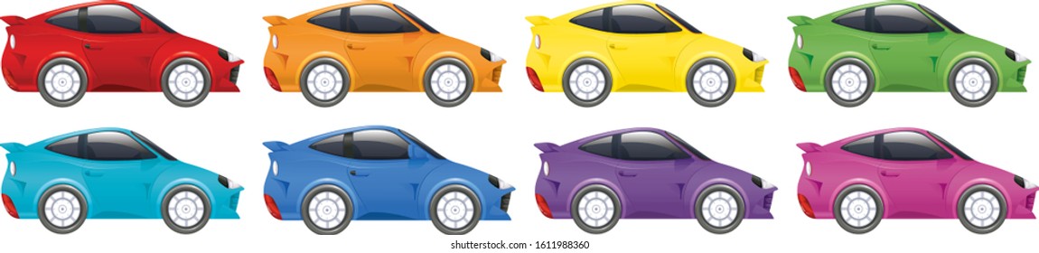 Set of racing cars in many color on isolated background illustration