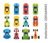Set of Racing Cars, Modern Extreme Motorsport Transportation Isolated on White Background. Sport Automobiles Top View, Colorful Fast Transportat for Races Competitions. Cartoon Vector Illustration