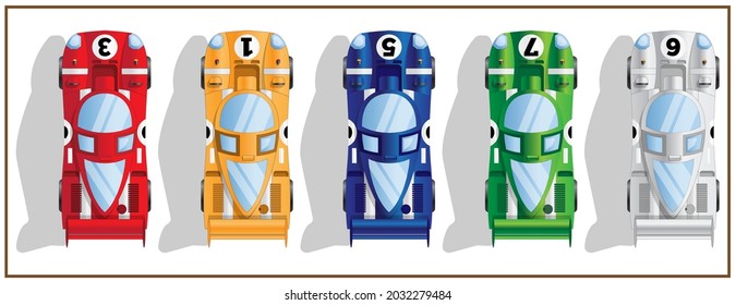 Set of racing cars. View from above. Isolated on white background. Vector illustration. 