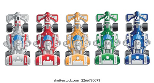 Set of racing cars. View from above. Isolated on white background. Vector illustration.