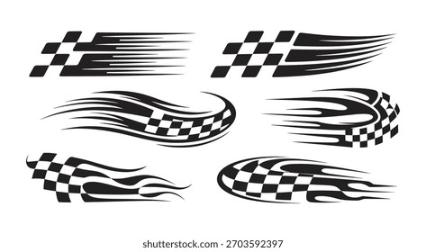 Set of racing checkered flag graphic elements with motion effect isolated on