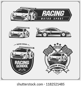 Set of Racing club emblems, labels and design elements. Speeding racing cars illustrations.