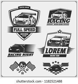 Set of Racing club emblems, labels and design elements. Speeding racing cars illustrations.