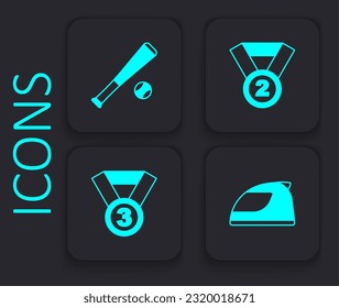 Set Racing helmet, Baseball bat with ball, Medal and  icon. Black square button. Vector