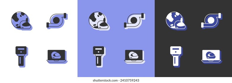 Set Racing helmet, Car key with remote and Automotive turbocharger icon. Vector