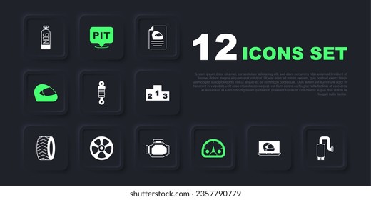 Set Racing helmet, Car muffler, Shock absorber, Speedometer, Alloy wheel for car, Pit stop and Check engine icon. Vector