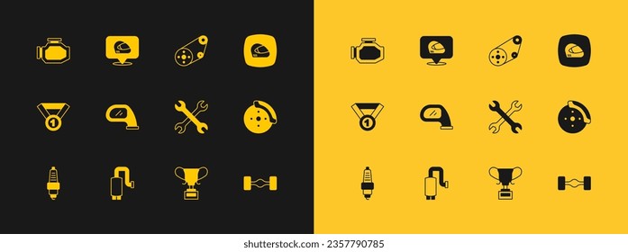 Set Racing helmet, Car muffler, Wrench spanner, Award cup, mirror, Timing belt kit, Check engine and  icon. Vector