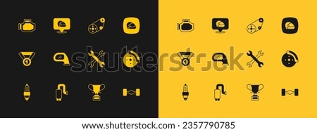 Set Racing helmet, Car muffler, Wrench spanner, Award cup, mirror, Timing belt kit, Check engine and  icon. Vector