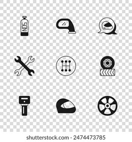 Set Racing helmet, Car tire wheel, Alloy for car, Gear shifter, Nitrous oxide, mirror and Wrench spanner icon. Vector