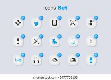 Set Racing helmet, Fencing, Baseball, Football shoes, Fitness shaker, Dart arrow, Dumbbell and Roller skate icon. Vector
