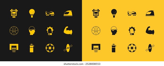 Set Racing helmet, Fitness shaker, Punch boxing gloves, Soccer football ball, Baseball, Football shoes, Stopwatch and Golf on tee icon. Vector