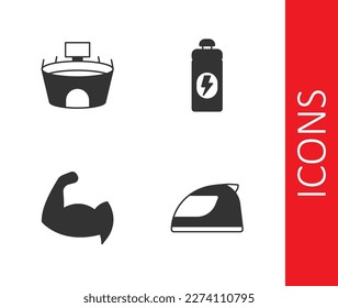 Set Racing helmet, Stadium, Bodybuilder showing his muscles and Fitness shaker icon. Vector