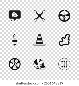 Definir Capacete de corrida, pista, Deslocador de engrenagens, cone de tráfego, volante, chave de roda e ícone de vela de vela de vela de carro. Vetor