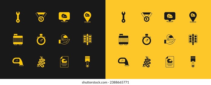 Set Racing helmet, track, Stopwatch, Wrench spanner and Medal icon. Vector