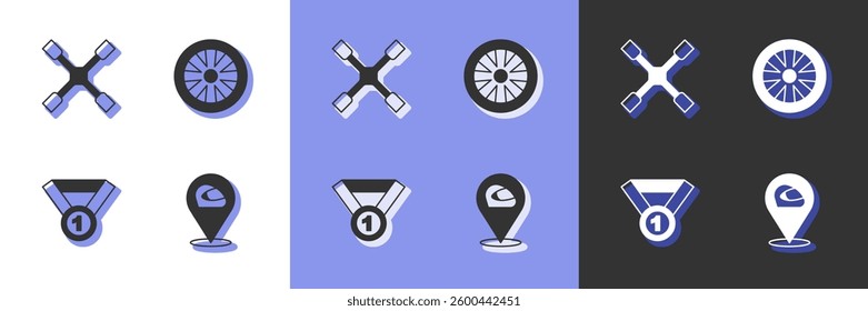 Set Racing helmet, Wheel wrench, Medal and Alloy wheel for car icon. Vector