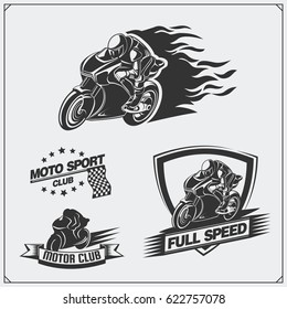 Set of racing motorcycle emblems, badges, labels and design elements. Monochrome style.